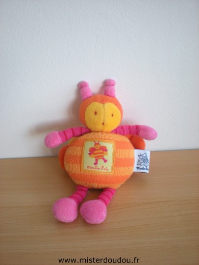 Doudou Abeille Moulin roty Orange jaune rose Tissus un peu bouloché