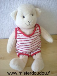 Doudou Agneau Anna club plush Beige tissus éponge, salopette rayée blanc rouge 