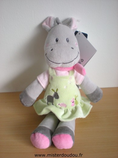 Doudou Ane Nicotoy Gris rose robe verte avec ane et lapins brodés 