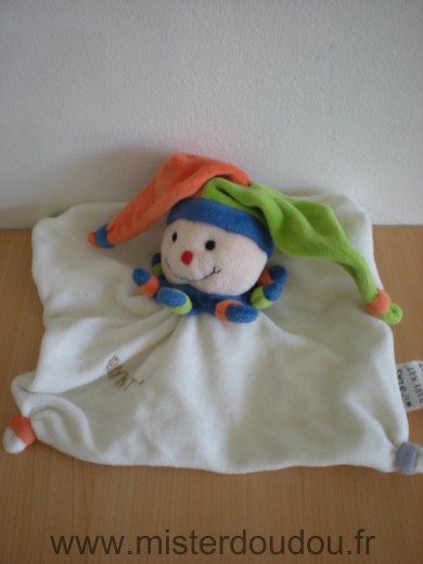 Doudou Arlequin Baby nat Blanc col bleu bonnet orange vert 