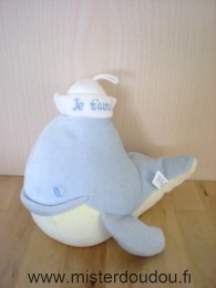 Doudou Baleine Van de walle Bleu jaune brodé je t'aime sur le chapeau blanc 