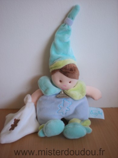 Doudou Bonhomme Baby nat Bleu vert mouchoir blanc moitif ours 