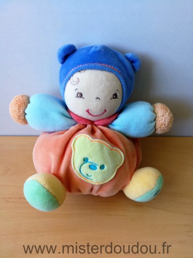 Doudou Bonhomme Kaloo Orange bleue tete ours 