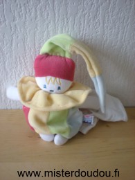 Doudou Bonhomme Sucre d orge Bleu jaune rouge mouchoir blanc dans le dos 