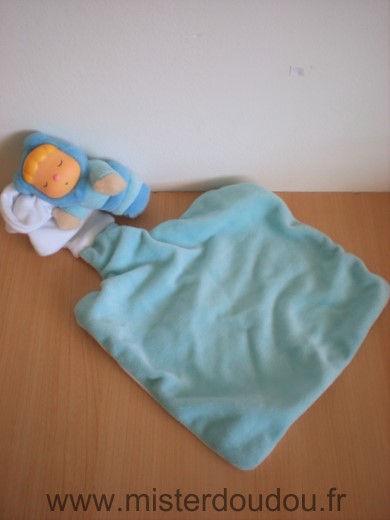 Doudou Bonhomme - marque non connue - Bebe qui dort bleu mouchoir blanc bleu 