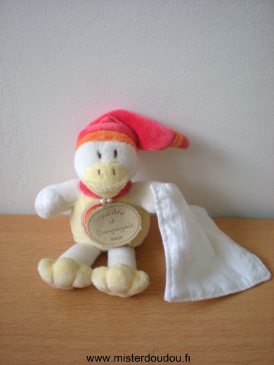 Doudou Canard Doudou et compagnie Balnc jaune rouge mouchoir blanc main aimantée Petit modèle