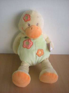 Doudou Canard Doukidou Jaune vert fleurs oranges 