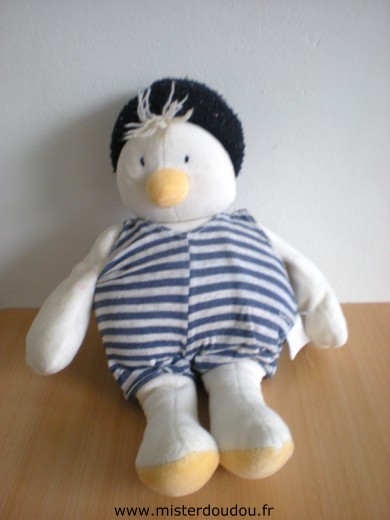 Doudou Canard Moulin roty Blanc bonnet bleu salopette bleue rayé blanc 