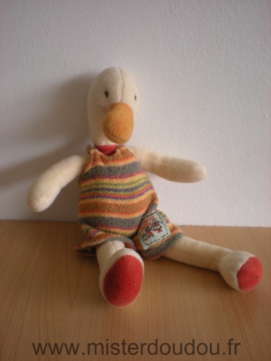 Doudou Canard Moulin roty Ecru salopette rayee la grande famille moulin roty 