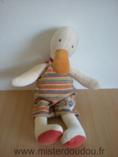 Doudou Canard Moulin roty Ecru salopette rayee marron roange vert la grande famille Petites traces non parties au lavage derrière la tête