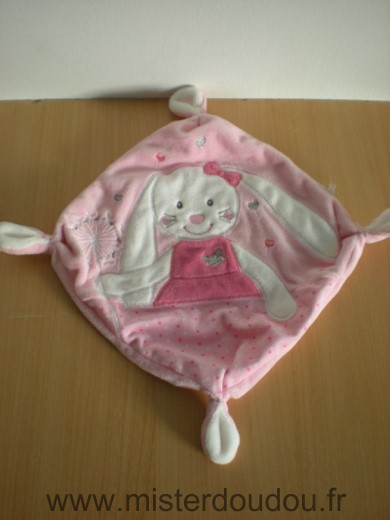 Doudou Carre Tex Rose avec lapin blanc rose coeurs 