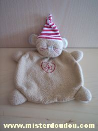 Doudou Chat Absorba Marron coeur rouge  bonnet rayé rouge blanc 