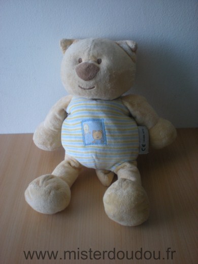 Doudou Chat Amtoys Beige rayé bleu jaune 