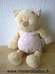 Doudou Chat Amtoys Beige rose motifs fleurs 