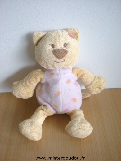 Doudou Chat Amtoys Beige rose motifs fleurs 