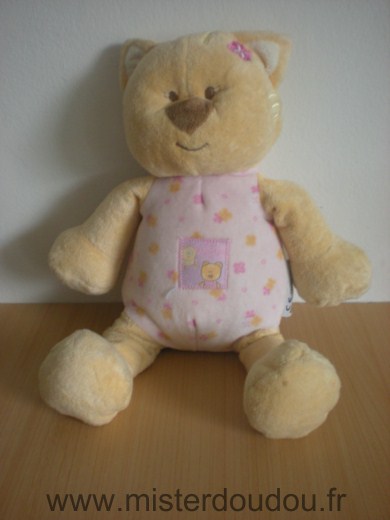 Doudou Chat Amtoys Jaune rose motifs fleurs 