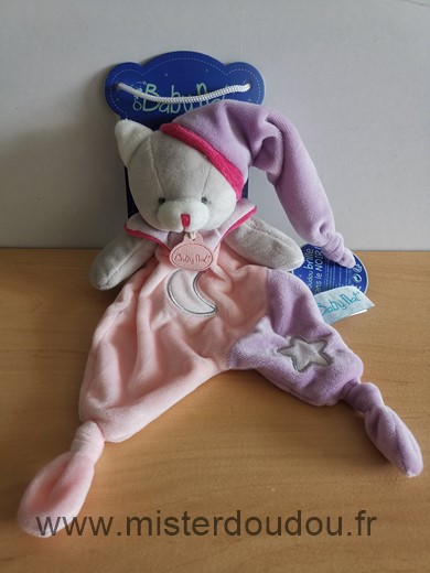 Doudou Chat Baby nat Ours rose bonnet mauve lune luminescent 