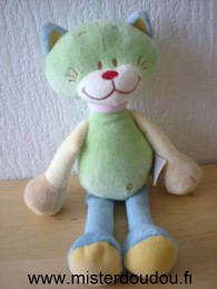 Doudou Chat Bengy Vert bleu jaune collier rose 