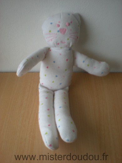 Doudou Chat Bout chou Blanc motifs coeurs rose bleu vert 