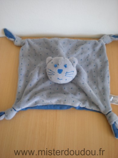 Doudou Chat Bout chou Gris avec etoiles bleues dessous bleu 