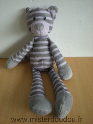 Doudou Chat Carrefour france Raye mauve gris 