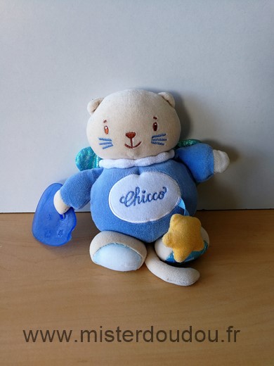 Doudou Chat Chicco Bleu Tres bon etat general sauf anneau dentaire abime