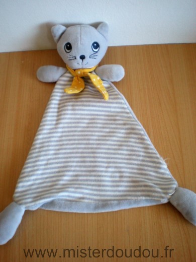 Doudou Chat H et m Rayé blanc gris foulard jaune 