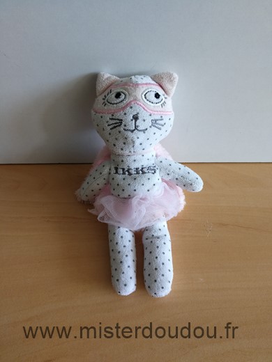 Doudou Chat Ikks Blanc cape rose masque 