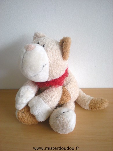 Doudou Chat - Marque non connue - Beige marron collier rouge 