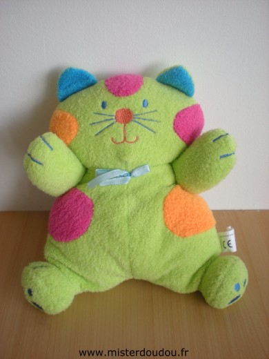 Doudou Chat Mgm Vert ronds roses oranges oreilles bleues 