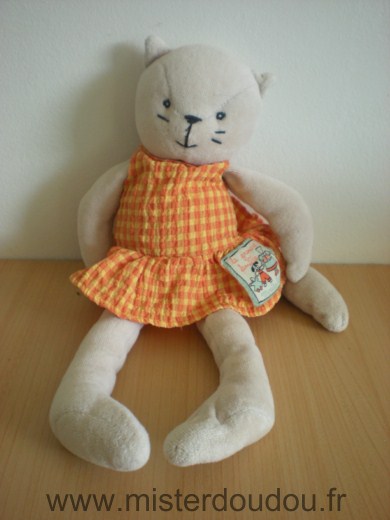 Doudou Chat Moulin roty Agathe , gris robe vichy jaune orange 