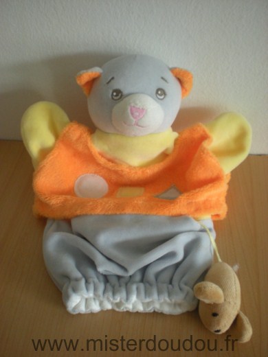 Doudou Chat Nounours Gris orange jaune avec souris 