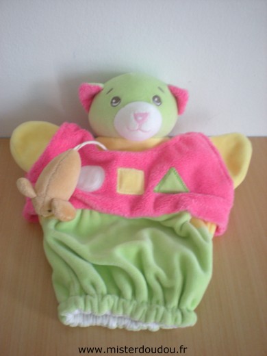 Doudou Chat Nounours Vert  jaune rose avec souris marron 