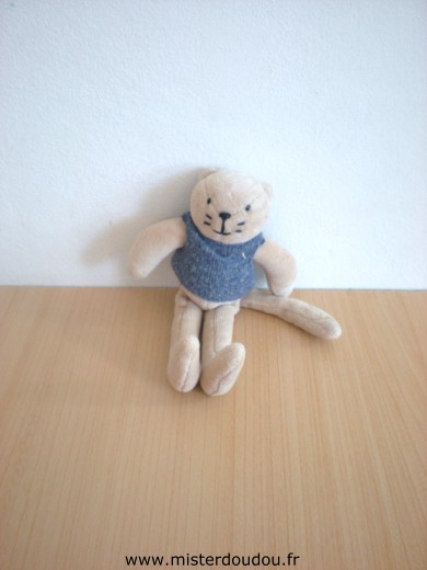 Doudou Chat Petit descamps Beige pull bleu 