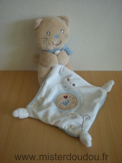 Doudou Chat Pommette Beige mouchoir blanc bleu motif oiseau coeur 