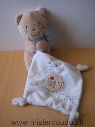 Doudou Chat Pommette Beige mouchoir blanc bleu oiseau 