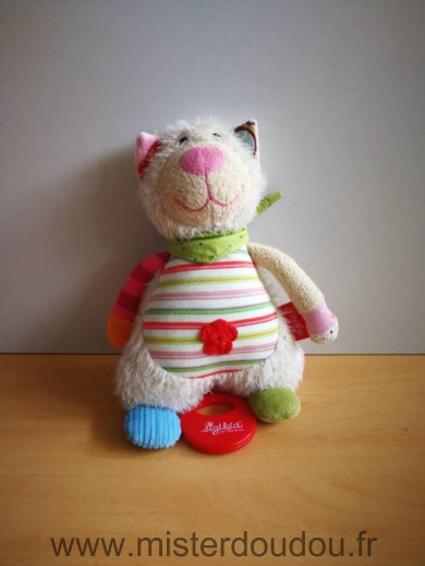 Doudou Chat Sigikid Katarina ecru rayures rouge vert blanc 