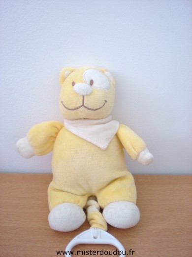 Doudou Chat Tex Jaune coccard blanc Très bon état général mais boite à musique ne fonctionne pas