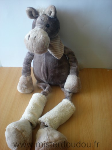 Doudou Cheval Les petites marie Marron gris foulard rayé beige jambieres 