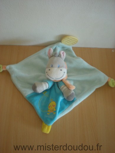 Doudou Cheval Nicotoy Bleu gris oiseau jaune anneau dentaire 