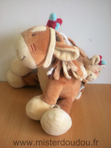 Doudou Cheval Noukie s Poney avec bébé dans le dos pinto et kaya marron beige 