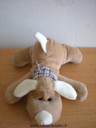 Doudou Chien 0 Beige avec nez oreilles queue ecrus et  foulard en tissus carreaux Billes noires pour les yeux