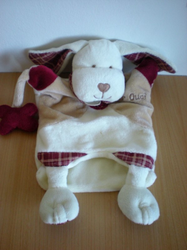 Doudou Chien Baby nat Mr ouaf beige blanc rouge bordeau 