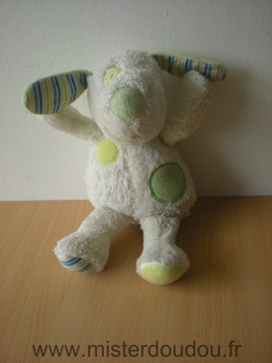 Doudou Chien Baby sun Blanc vert oreille et foulard rayes 