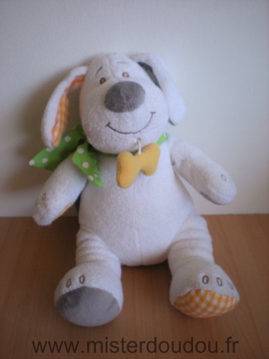 Doudou Chien Bengy Blanc vert gris os jaune 