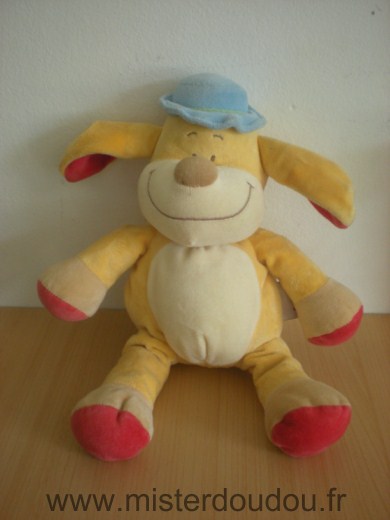 Doudou Chien Bengy Jaune chapeau bleu oreilles rouges 