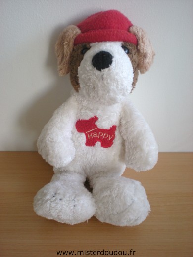 Doudou Chien Calin et bisous Blanc chien rouge bonet rouge happy m.p.x 