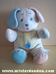 Doudou Chien Chicco Rose bleu jaune blanc Pouet dans la patte, bruit de paier dans l'oreille et grelot dans l'autre