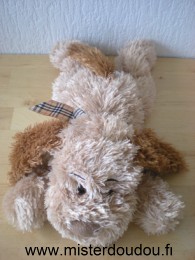 Doudou Chien Cobico Beige marron  noeud carreaux marron 