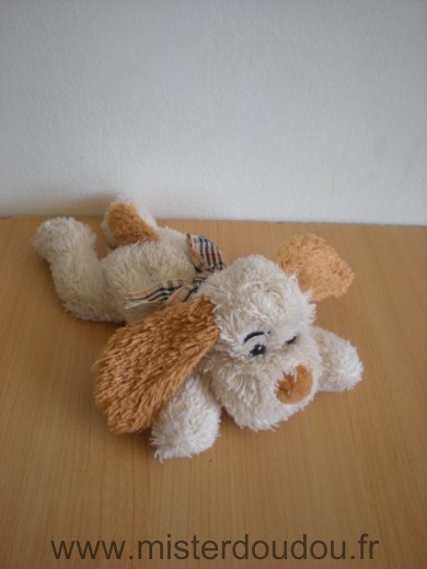 Doudou Chien Cobico Beige marron ruban carreau 